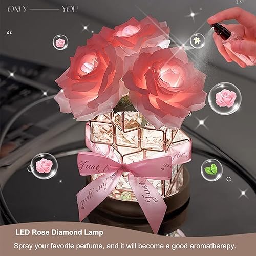 Miniatura 6 de LHYDAOOQ Lámpara de mesa de cristal rosa, lámpara recargable inalámbrica de 3 colores de flores regulables, romántica lámpara LED de diamante rosa