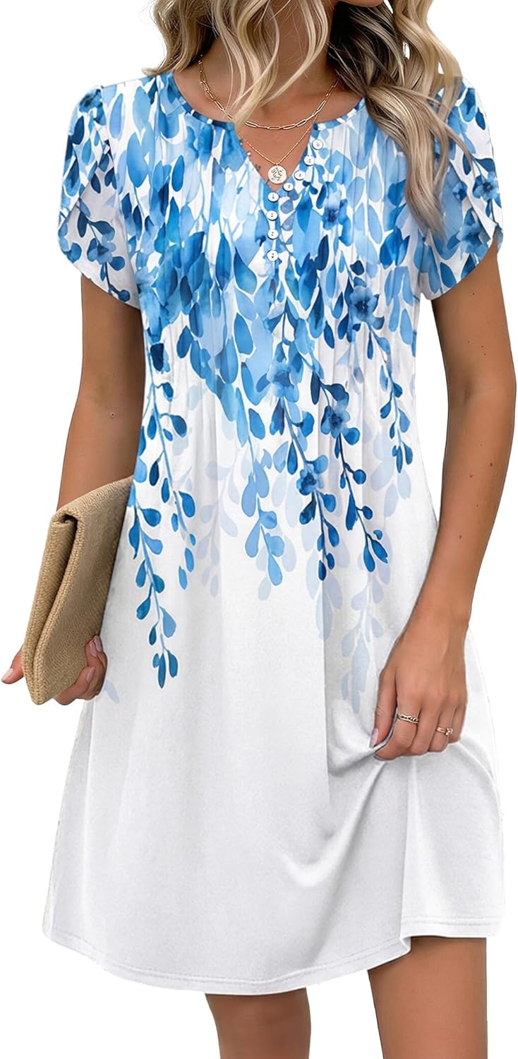 Zeagoo Women's Casual Dresses with Pockets Summer Floral V-Neck A-Line Tshirt Dress Short Sleeve Mini Dress Beach Sundress - Image 2