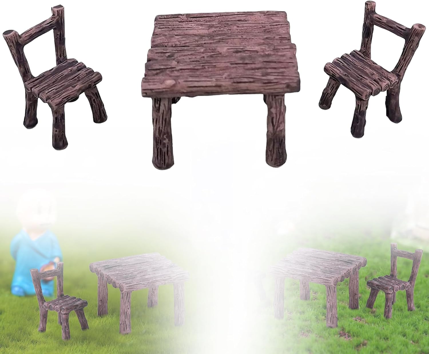 3Pcs/Set Fairy Miniature Chair Sets, Resin DIY Color Table and Chairs Simulation Decor Garden Accessories for Landscaping Bonsai Succulent