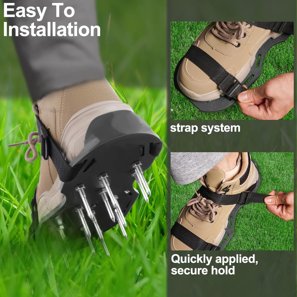 URAQT Zapatos Aireador para Cesped, 1par Suelas Escarificadoras Suela de 29*13CM y Púas de 47mm, Zapatos Aireador Jardin de Tamaño Ajustable,Talla Universal, para Zapatos Aireación en Patio y Jardín