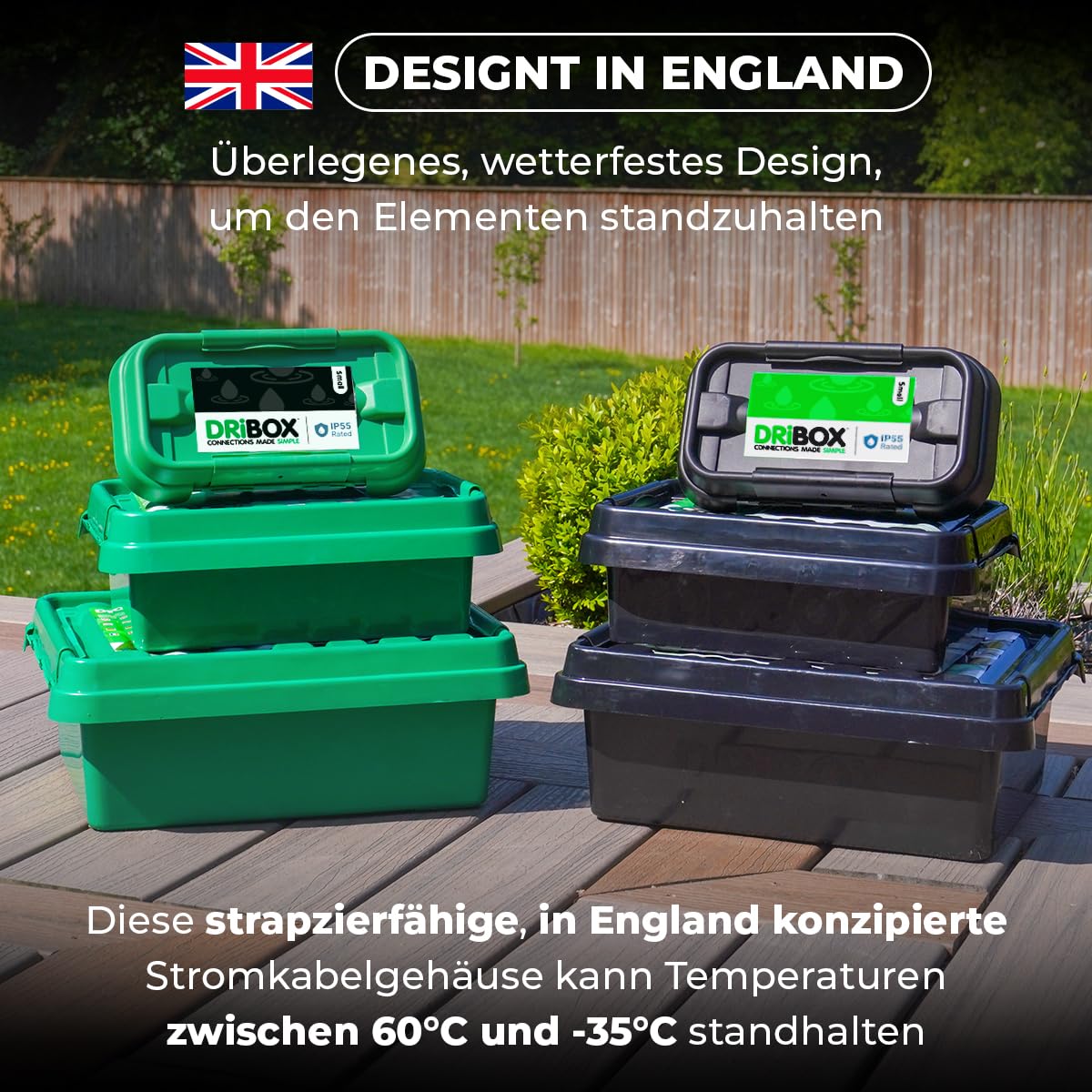 DRiBOX Groß IP55 Wetterfester Anschlusskasten für den Außenbereich Stromkabelgehäuse für Weihnachtsbeleuchtung, Zeitschaltuhren, Verlängerungskabel, Kabelrollen, Transformatoren (Groß, Grün)