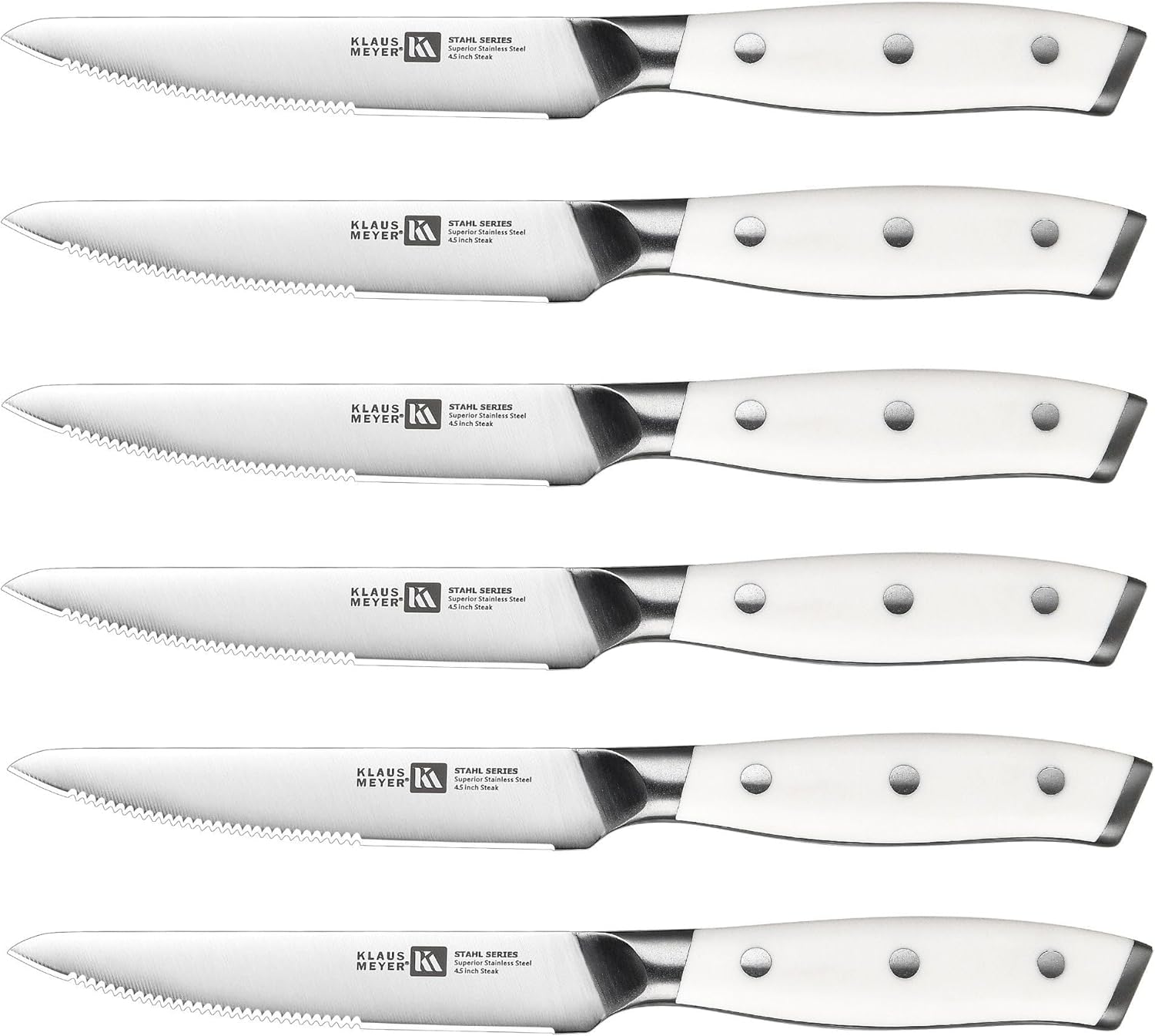 Klaus Meyer Stahl High Carbon Exclusive German Steel 4.5 inch 6 Piece Steak Knife Set (White)