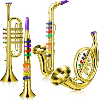 Treela Kids Musical Instruments Set of 4: Toy Clarinet, Saxophone, Trumpet, Horn - Color Coded Keys for Beginners Toddlers (Gold)