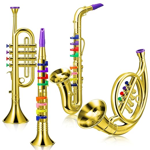 Treela Set of 4 Musical Instruments for Kids, Toy Clarinet Saxophone Trumpet and Horn Set for Beginners with Over 10 Color Coded Keys, Christmas Educational Musical Gifts for Children Toddlers(Gold)