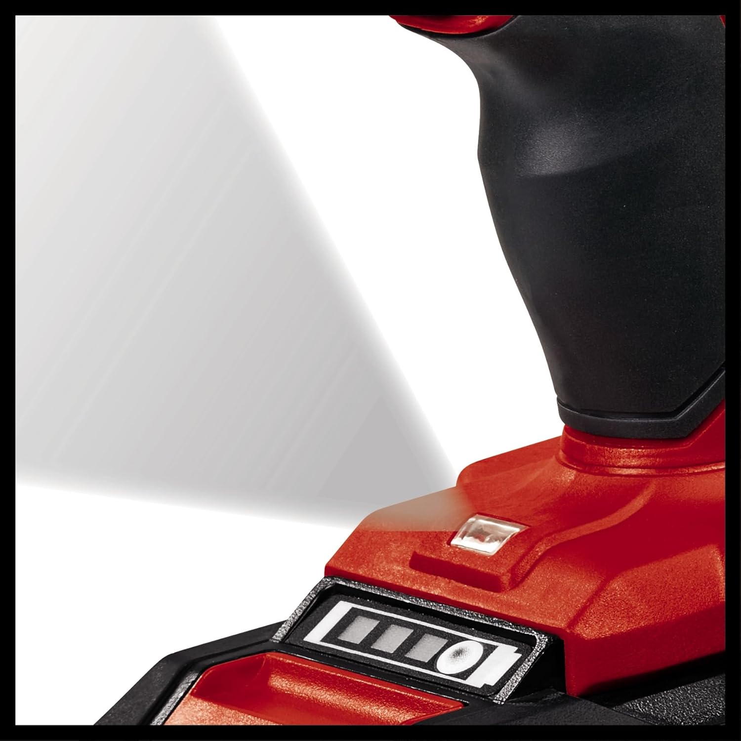 Close-up of the ergonomic soft grip handle of the Einhell cordless drill