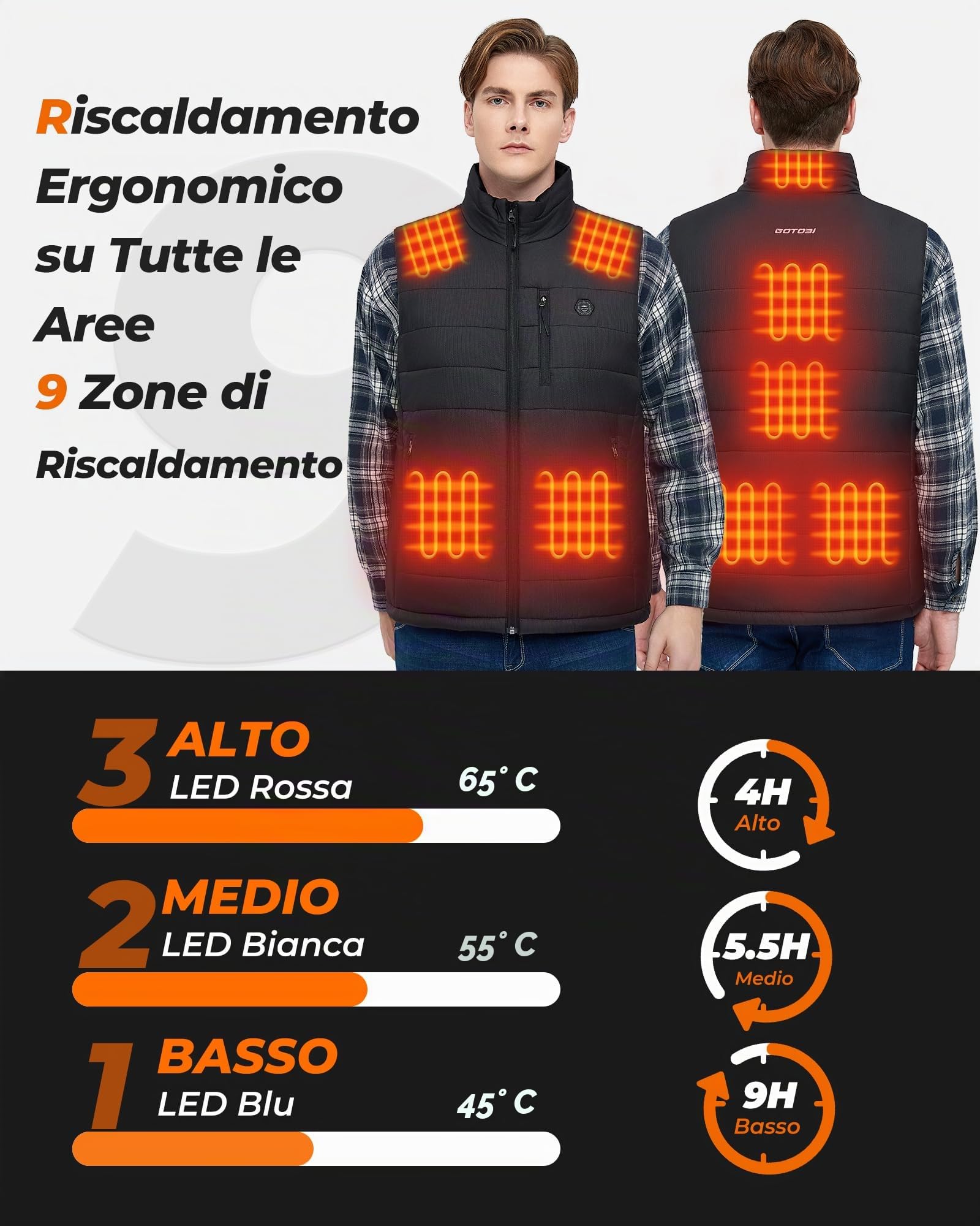Gilet riscaldante da uomo con 16000 mAh, 7,4 V, 9 zone di riscaldamento, gilet riscaldabile con 3 temperature regolabili, gilet riscaldato per attività all'aperto, motociclismo, ciclismo