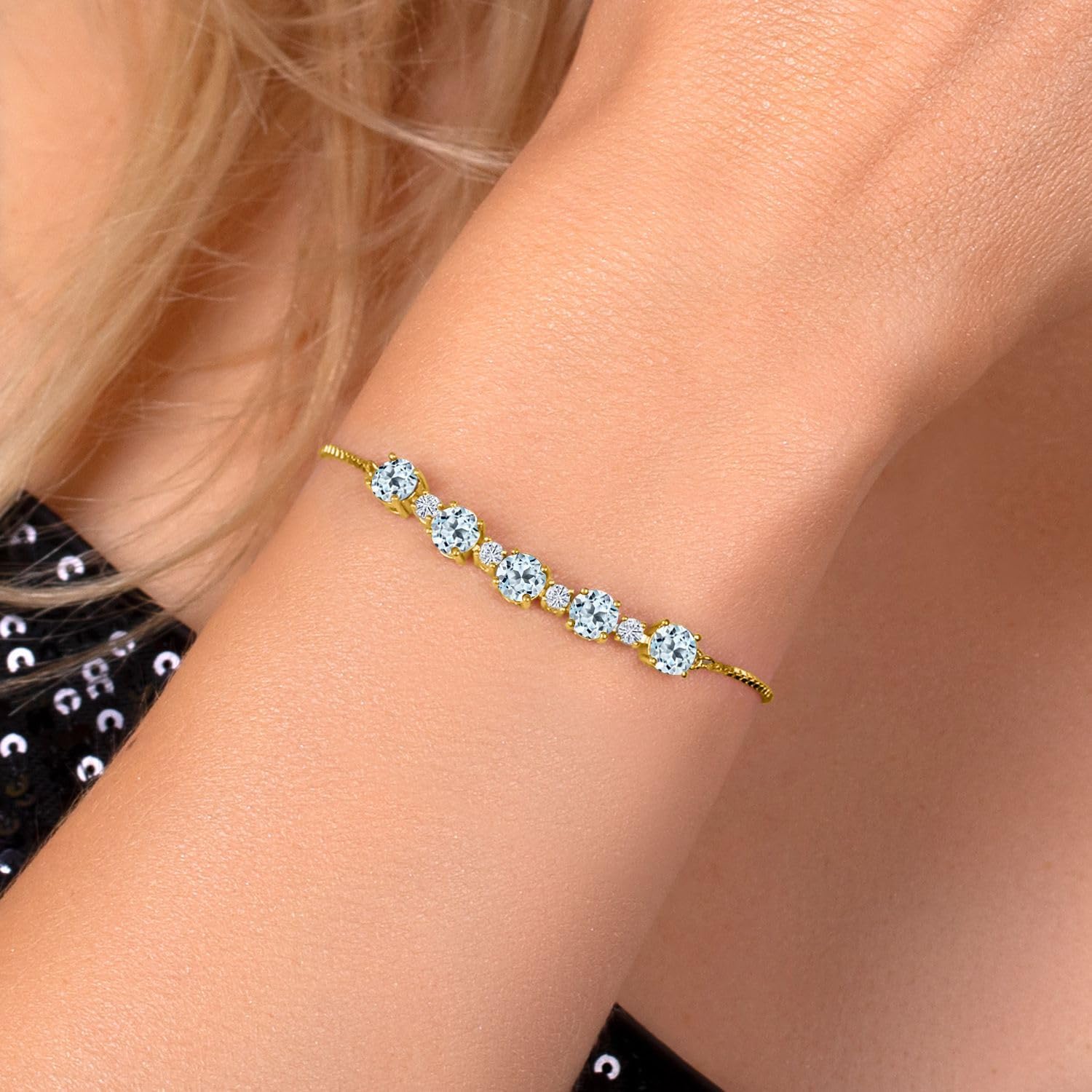 Gem Stone King 18K Yellow Gold Plated Silver Gemstone Birthstone and White Moissanite Tennis Bracelet for Women | Round 5MM and 2.5MM | Adjustable Bolo Design | Easy-On Easy-Off | Fully Adjustable Up