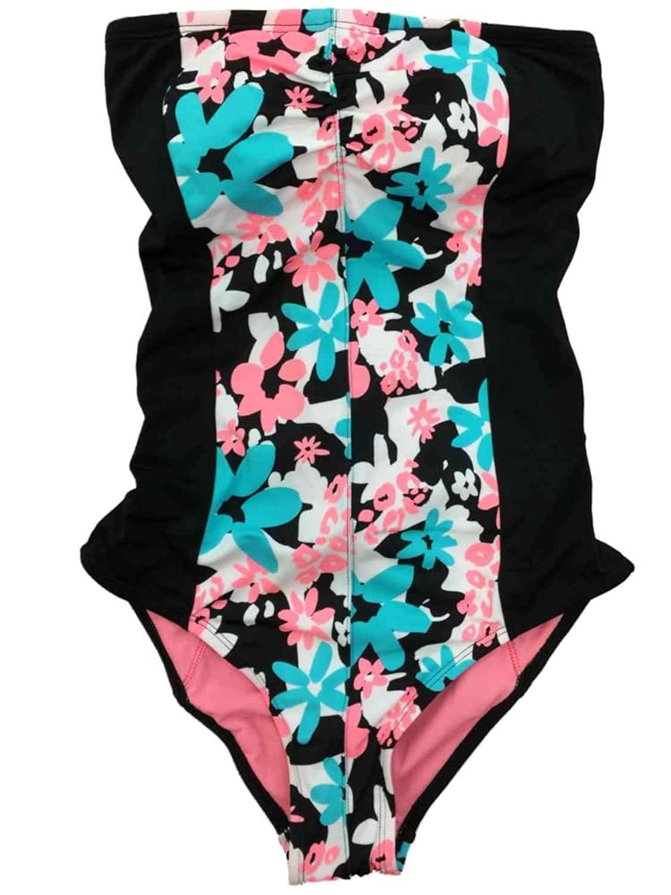 Womens Black Pink & Black Floral Bathing 1-PC Corset Back