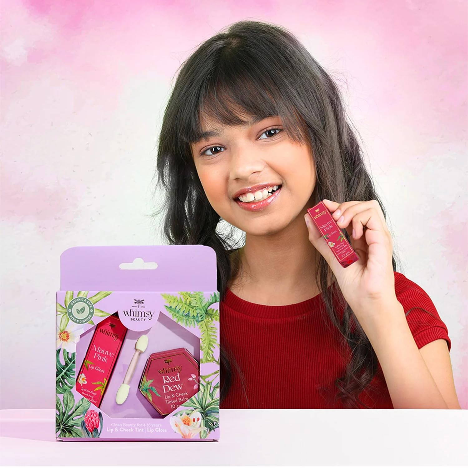 Whimsy Beauty Lip Color Combo for Girls with Applicator | Liquid Lip Color & Lightweight Lip Gloss | Hydrating, Non-Sticky Finish | 3 pcs | Age 4β16 | Organic & Chemical-Free 4