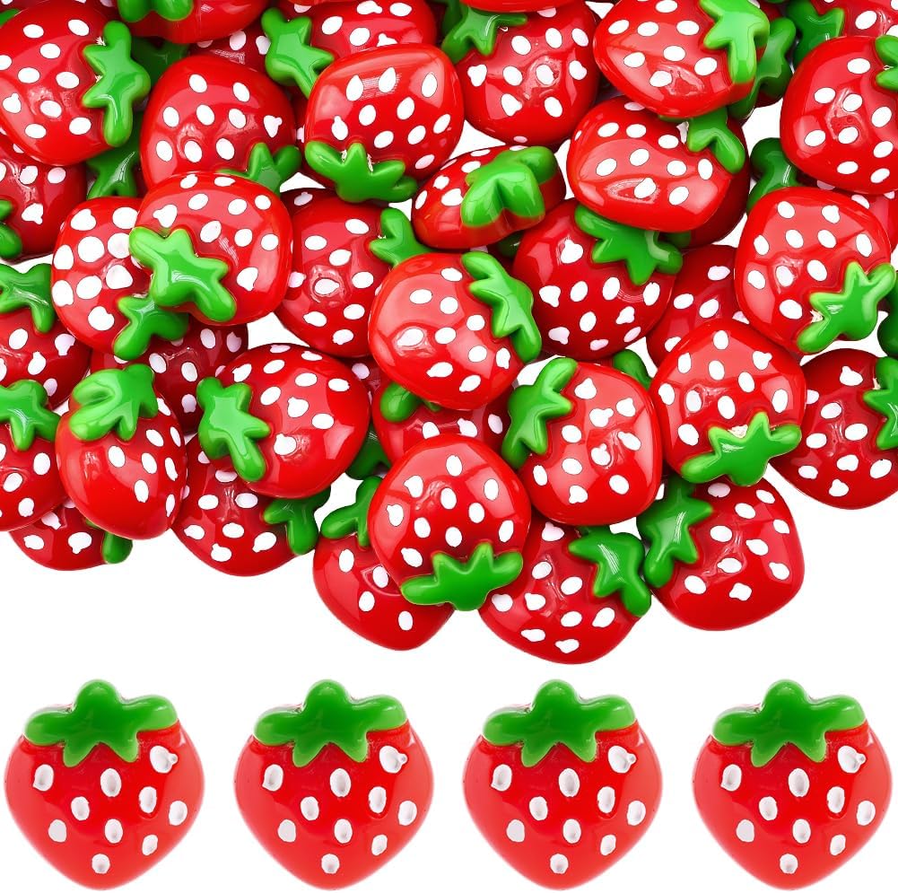 SUNNYCLUE 60Pcs Strawberry Flatback Charms Resin Craft Embellishments 3D Red Fruit Food Small Kawaii Decoden Cabochons Accessories for Jewelry Nail Art Hair Clips Scrapbook Phone Cases DIY Decoration