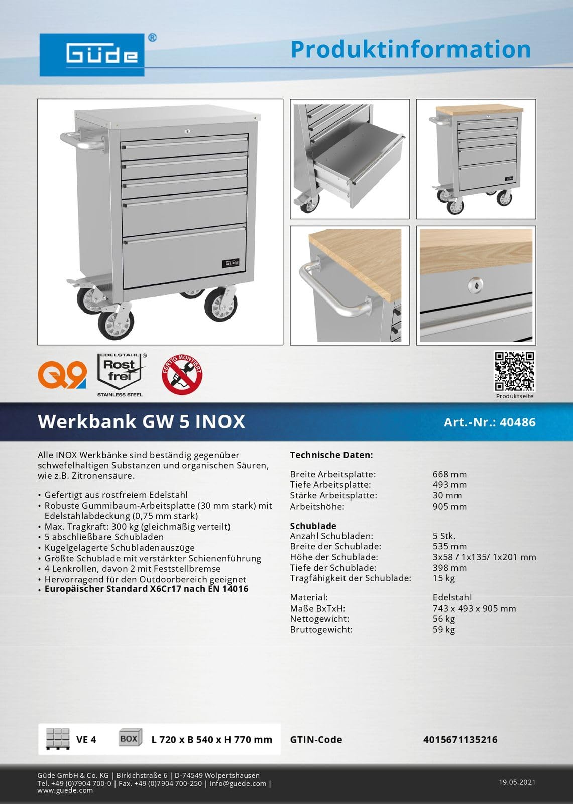 Güde Edelstahl Werkbank 66,8x49,3x90,5 cm GW 5 INOX Rollwagen Werkzeugwagen