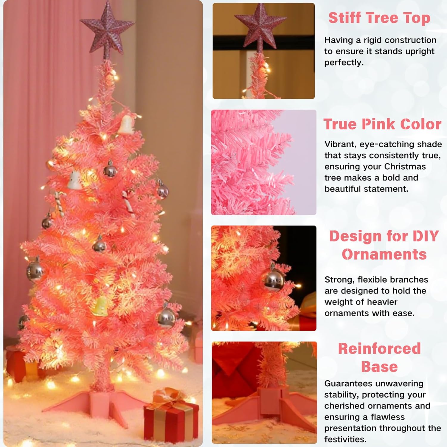 3FT Pink Christmas Tree with Lights - Hinged Small Artificial Xmas Tree - Includes 50 LED String Light, 160 Tips Dense Branches & Detachable Stand - Pink Christmas Decoration Tree for Holiday
