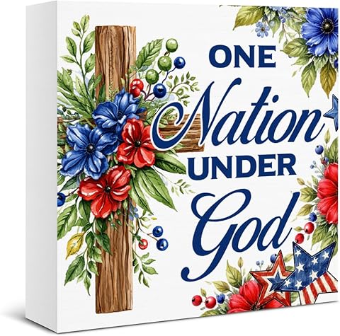 Patriotic Christian 4th of July Decor One Nation Under God Wooden Box Block Sign