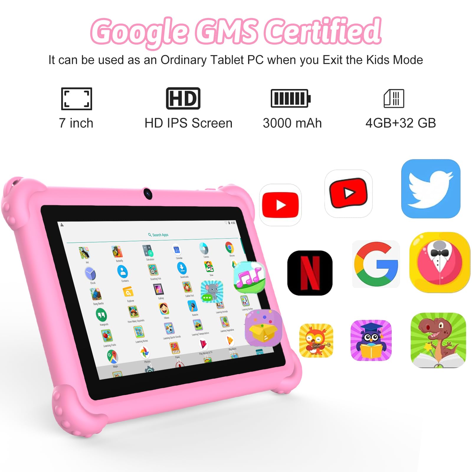 Tablet per bambini da 7 pollici, Android 12, 4 GB di RAM, 32 GB di ROM, WiFi, Bluetooth, protezione sicura degli occhi schermo IPS, controllo genitori, doppia fotocamera, custodia