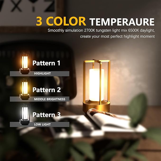 Anznzem Table Lamp, Portable Cordless Rechargeable LED, 3-Colour Dimming, Gold, Ideal for Bedroom, Outdoor, Restaurants, Bars, Coffee Shops, Camping photo 3