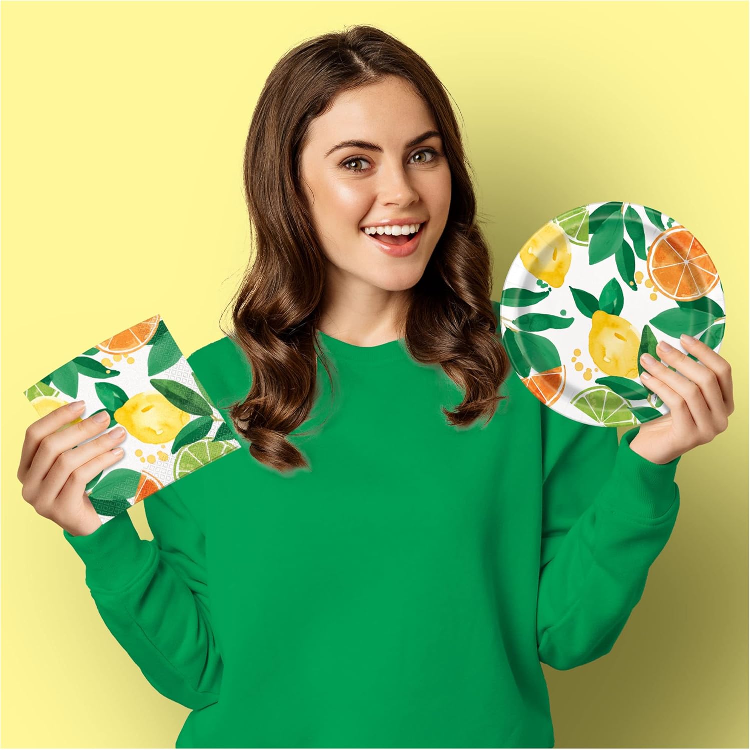 HOME & HOOPLA Lemon and Citrus Watercolor Paper Dinner Plates and Lunch Napkins (Serves 16)