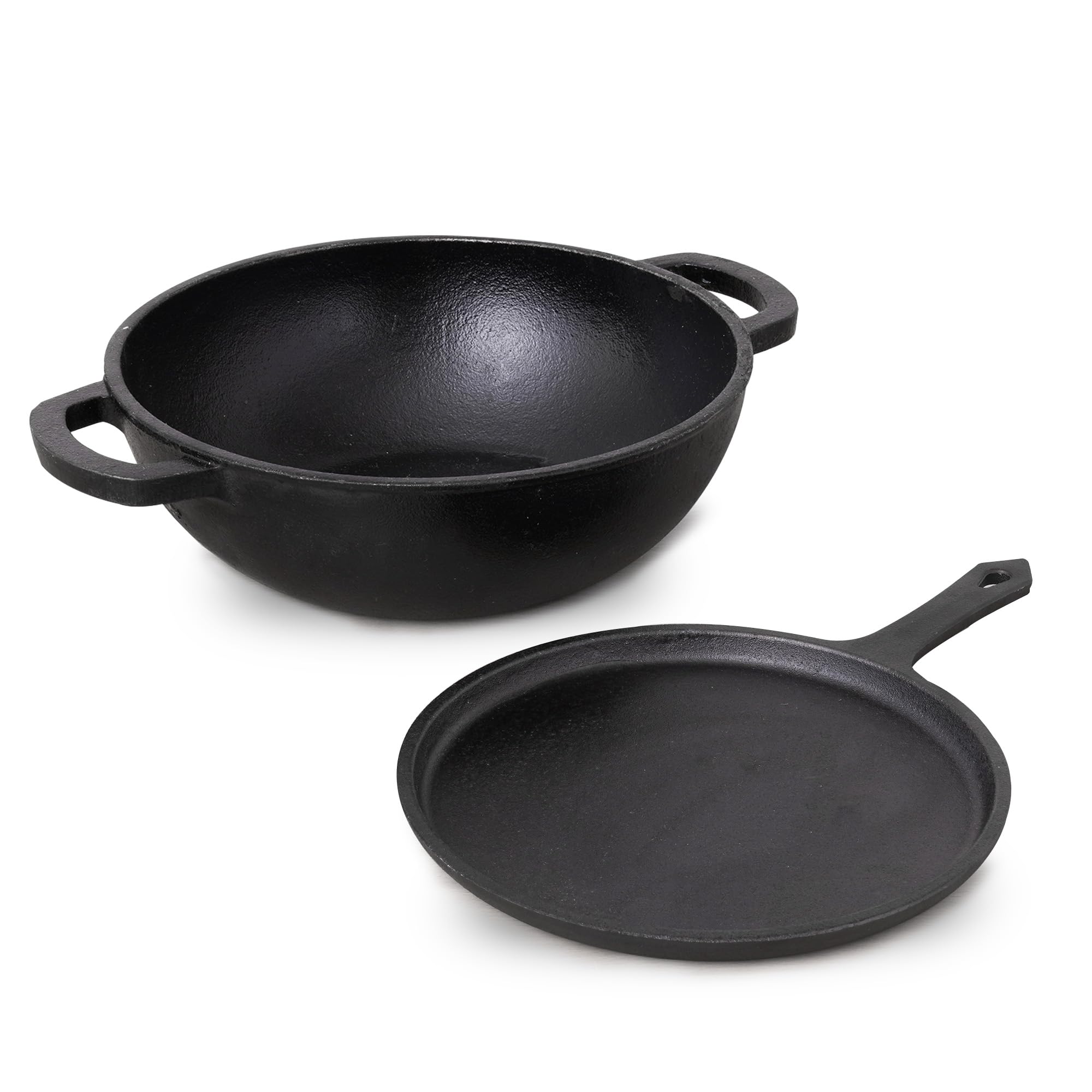 The Indus Valley Pre-Seasoned Cast Iron Cookware Set | Tawa (25.7 cm) + Kadai (25.4 cm/2.3L) | Kitchen Cooking Combo Pots and Pans Set of 2 Pcs | Naturally Nonstick, Black