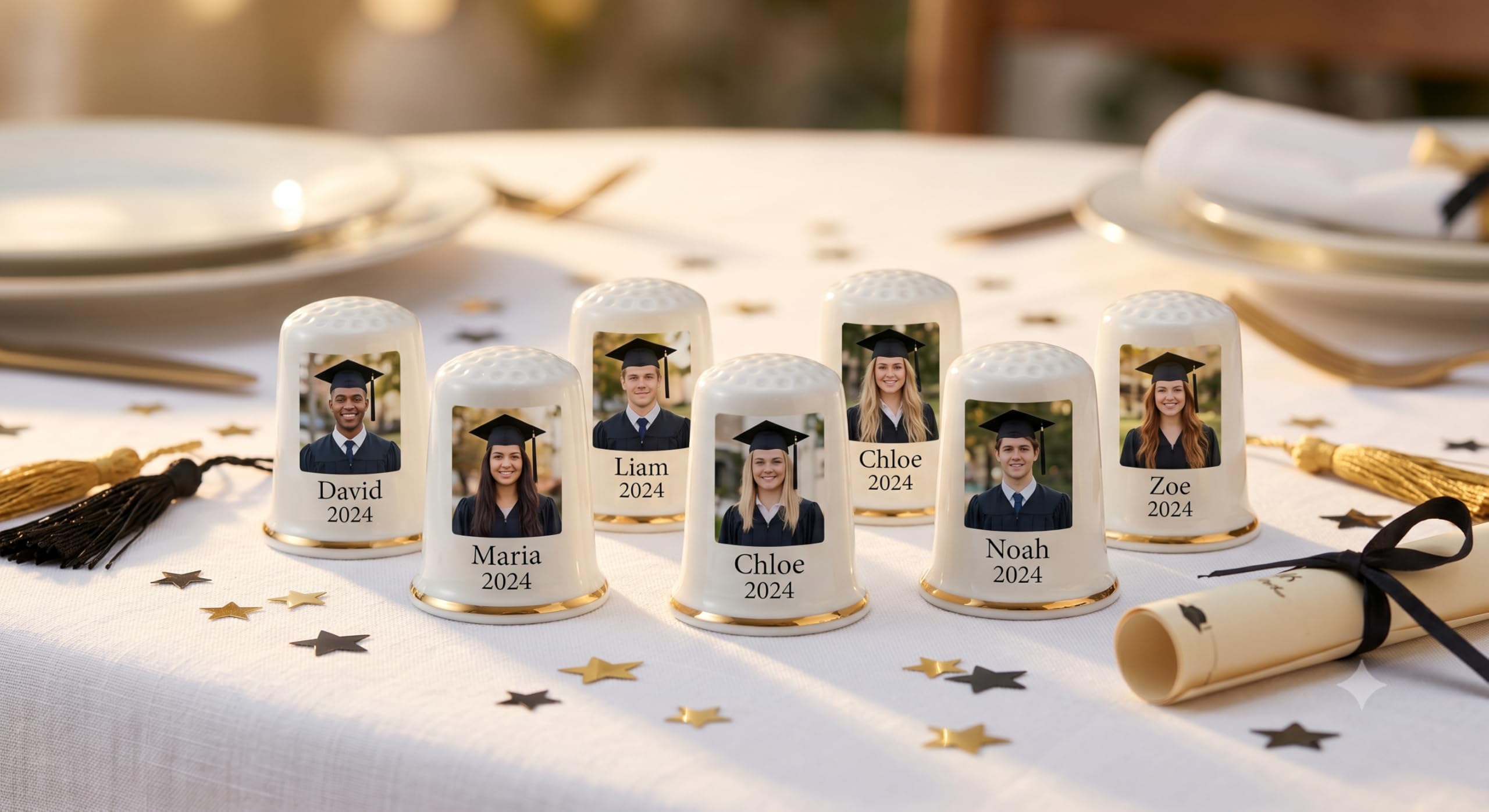 Pack 24 Dedales Cerámicos Jumbo Personalizados | Regalo Profesora Fin de Curso con Foto | Detalle Graduación Comunión Boda Invitados | Impresión UV 4x3cm Souvenir Original | Mayor y Filo Dourado