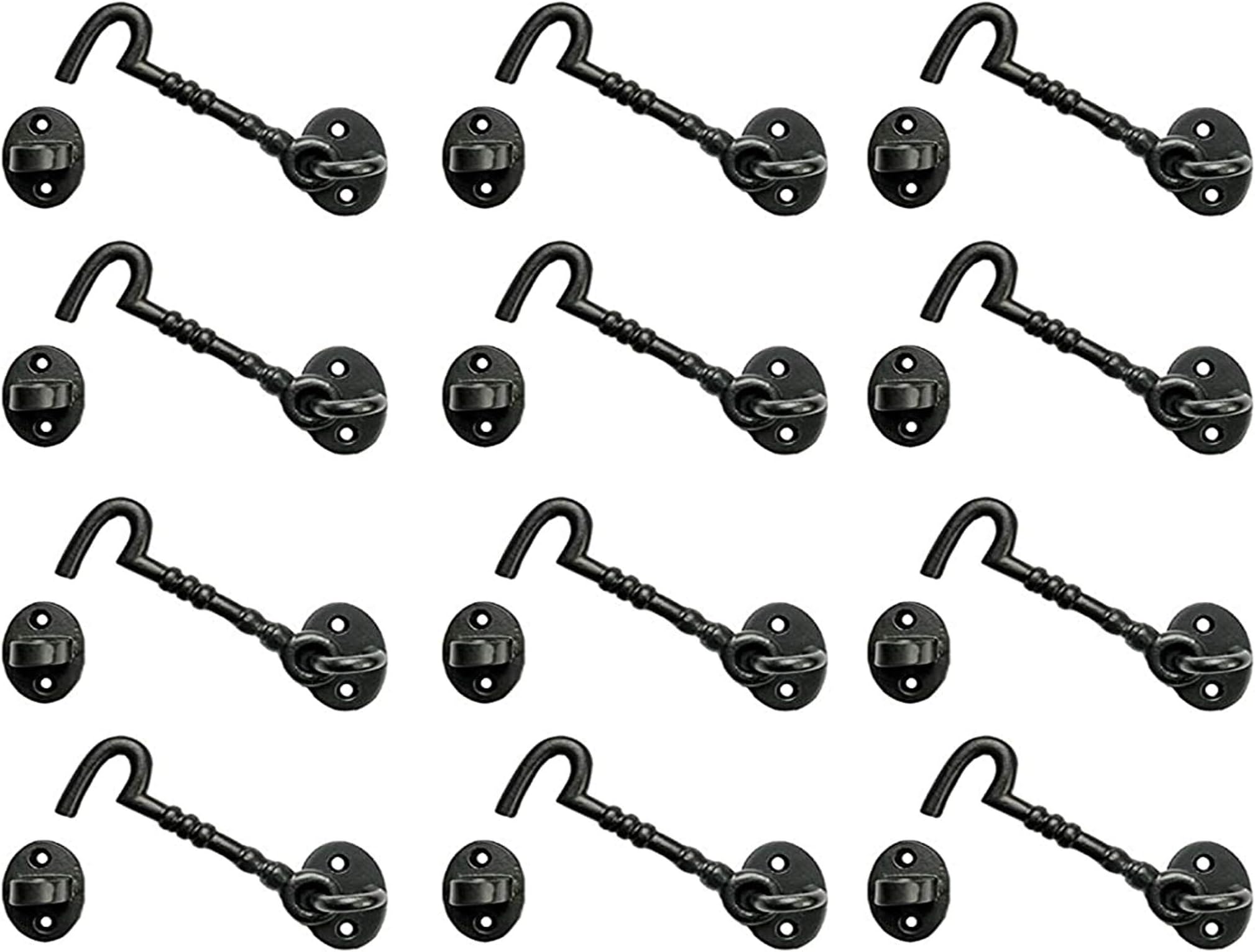 Adonai Hardware "Shemer Antique Cast Iron Cabin Hook and Eye Safety Window Latch (Matte Black, 6" x 12pack) for Barn Wooden Doors, Gates, Cabinets, Sheds, Fences, Security, DIY Easy Installation