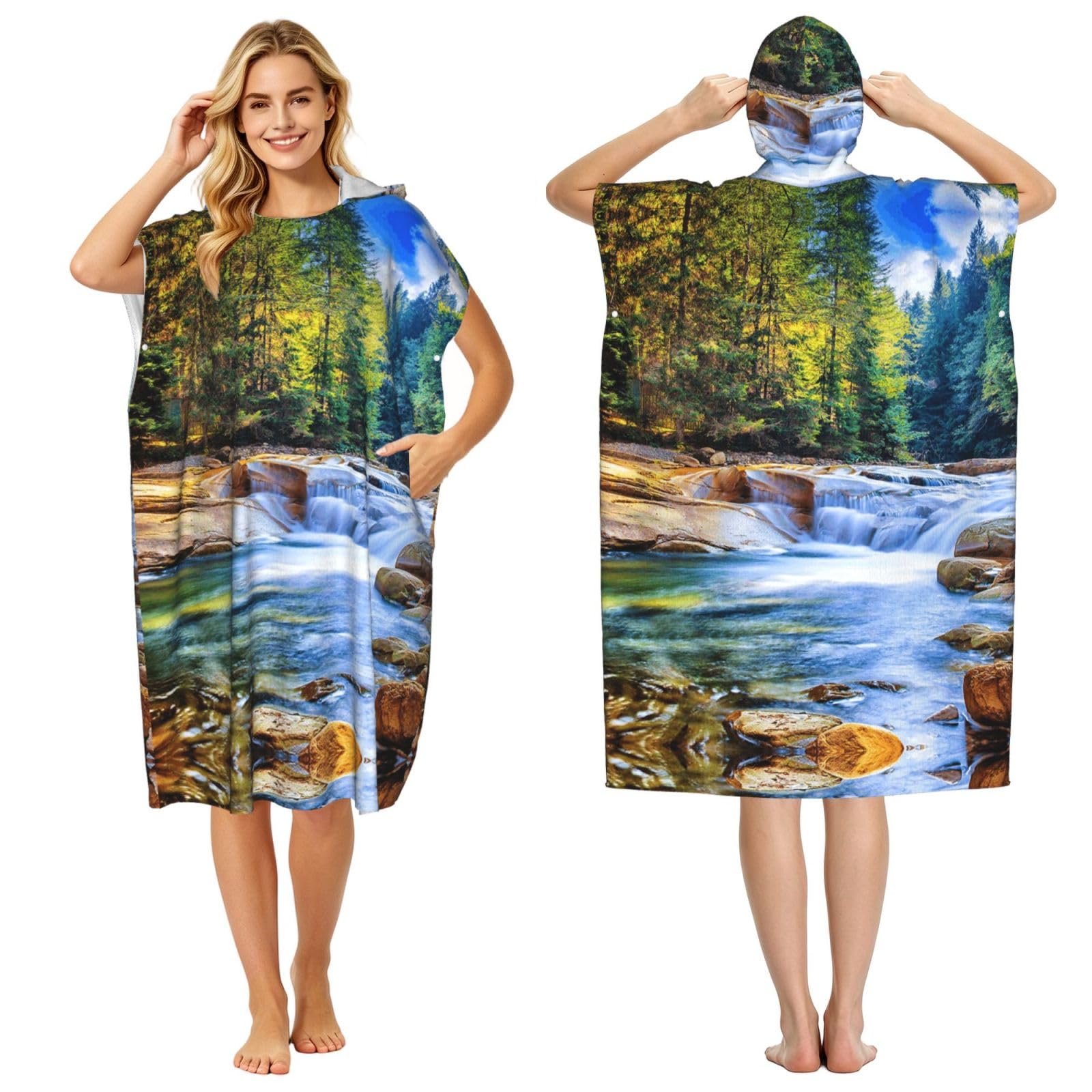 EZDLOWVBA Mountain And Lake Print Hooded Poncho Microfiber Beach Towel,Adult Women & Men Changing Robe,Lightweight Summer Surf Swim Bath Poncho Towel
