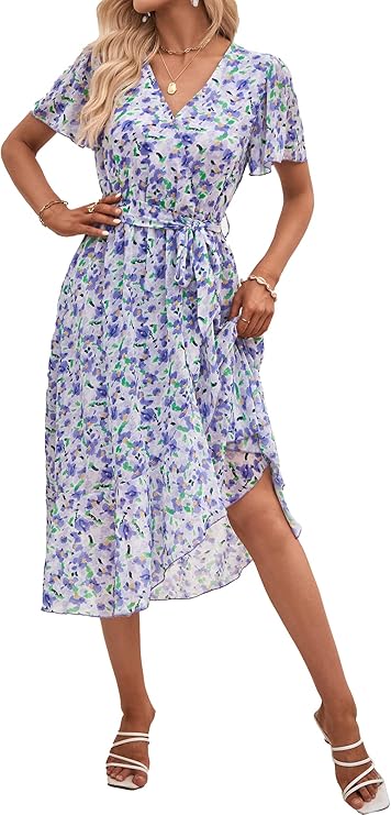 PRETTYGARDEN Women's Summer Floral Boho Maxi Dress Wrap Short Sleeve V Neck Ruffle A-Line Flowy Wedding Guest Long Dresses