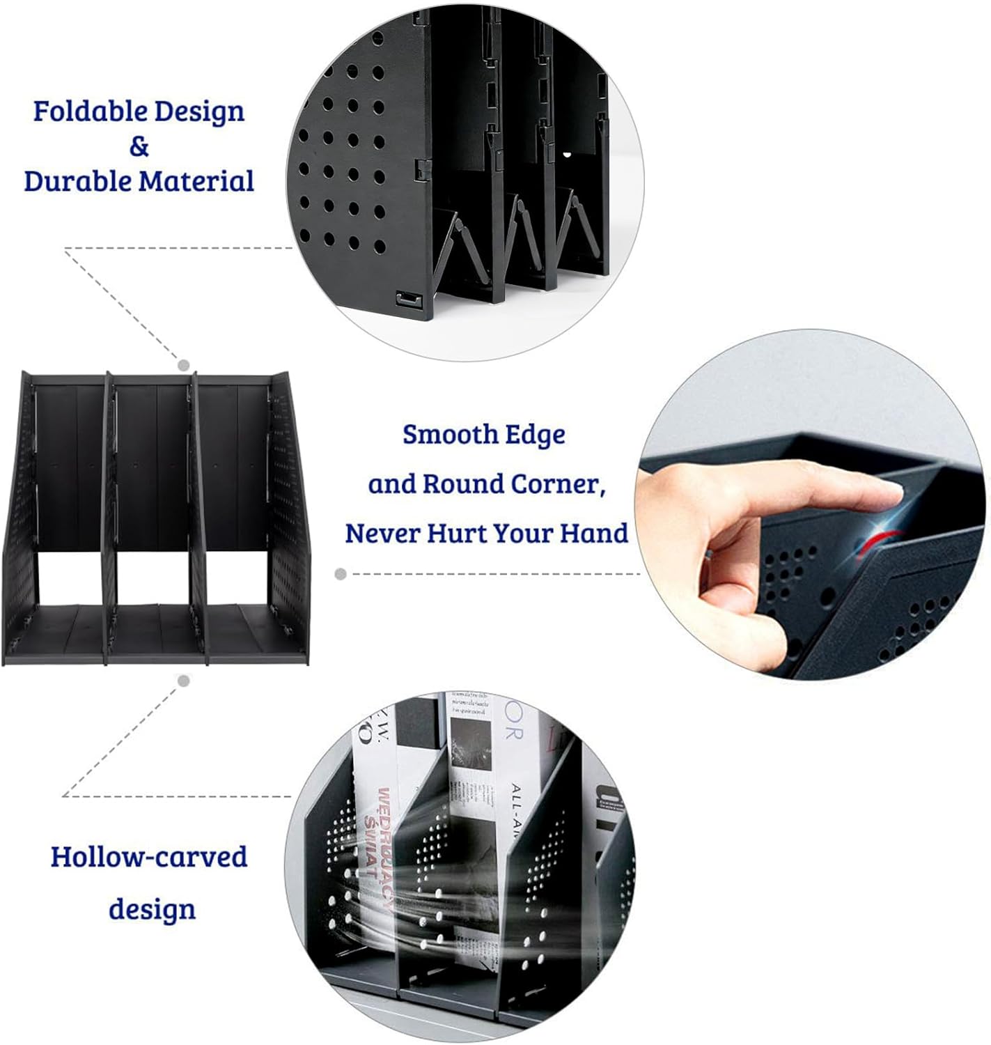 Marte Vanci Collapsible 3 Compartment Magazine Holder Desktop Organiser Adjustable Sturdy File Dividers Document Cabinet Rack Display (2 Pcs Black)