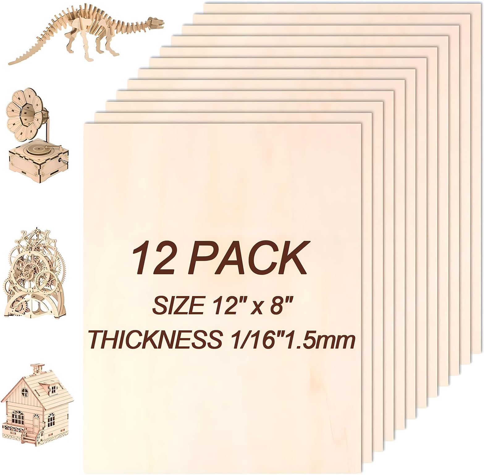 12 Pack 12"x8"x1/16" Basswood Sheets, 1.5mm Thickness, Craft Wood, Unfinished, For DIY Ornaments, Model Engraving, Wood Burning, Architectural Models, Drawing, Laser Cutting