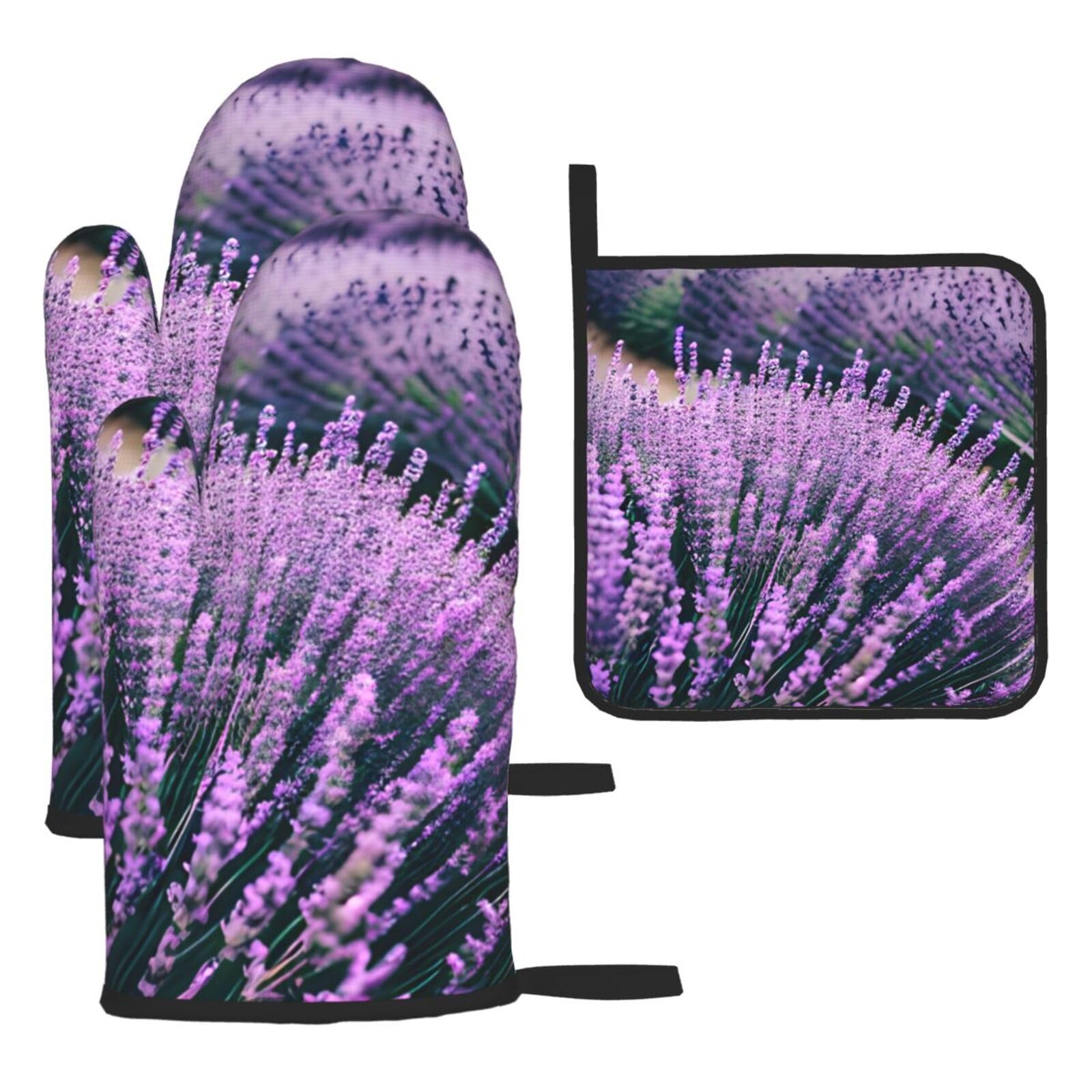 Purple Lavender Print Oven Mitts Kitchen Gloves Set Everyday Baking Grilling Microwaving Cooking Gift