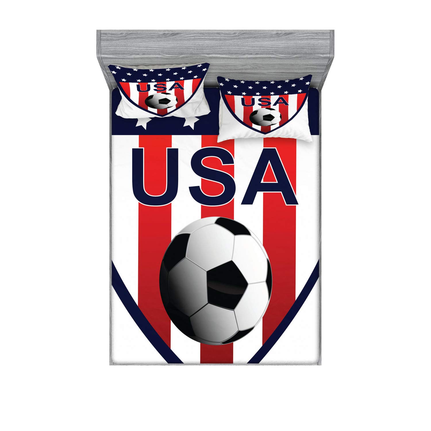 Ambesonne USA Fitted Sheet & Pillow Sham Set, National Team Themed Soccer Emblem Design Stars and Vertical Stripes, Decorative Printed 3 Piece Bedding Decor Set, Calking, Vermilion Blue and White