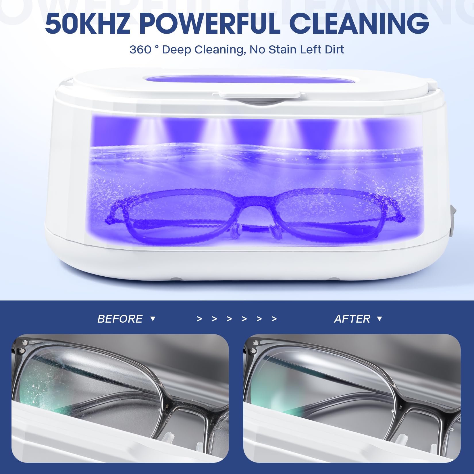 Limpiador ultrasónico de joyas, máquina limpiadora ultrasónica de 49 Khz para dentaduras postizas, lentes, correa de reloj, aparatos ortopédicos, anillos, joyas, 5 modos de limpieza con luz azul y