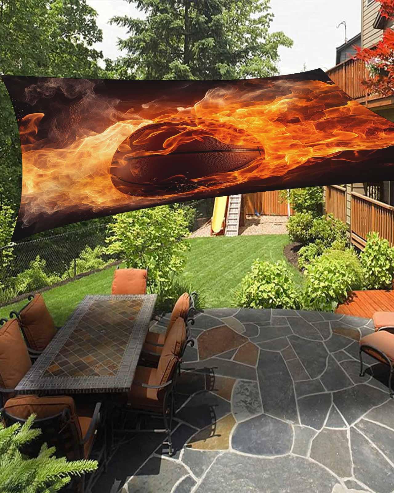 Waterproof Sun Shade Sail Sports Theme Basketball on Fire Outdoor Patio Sun Shades Canopy UV Block Water Resistant Sunshade for Garden Backyard Deck Pergola 6.5x10 Ft