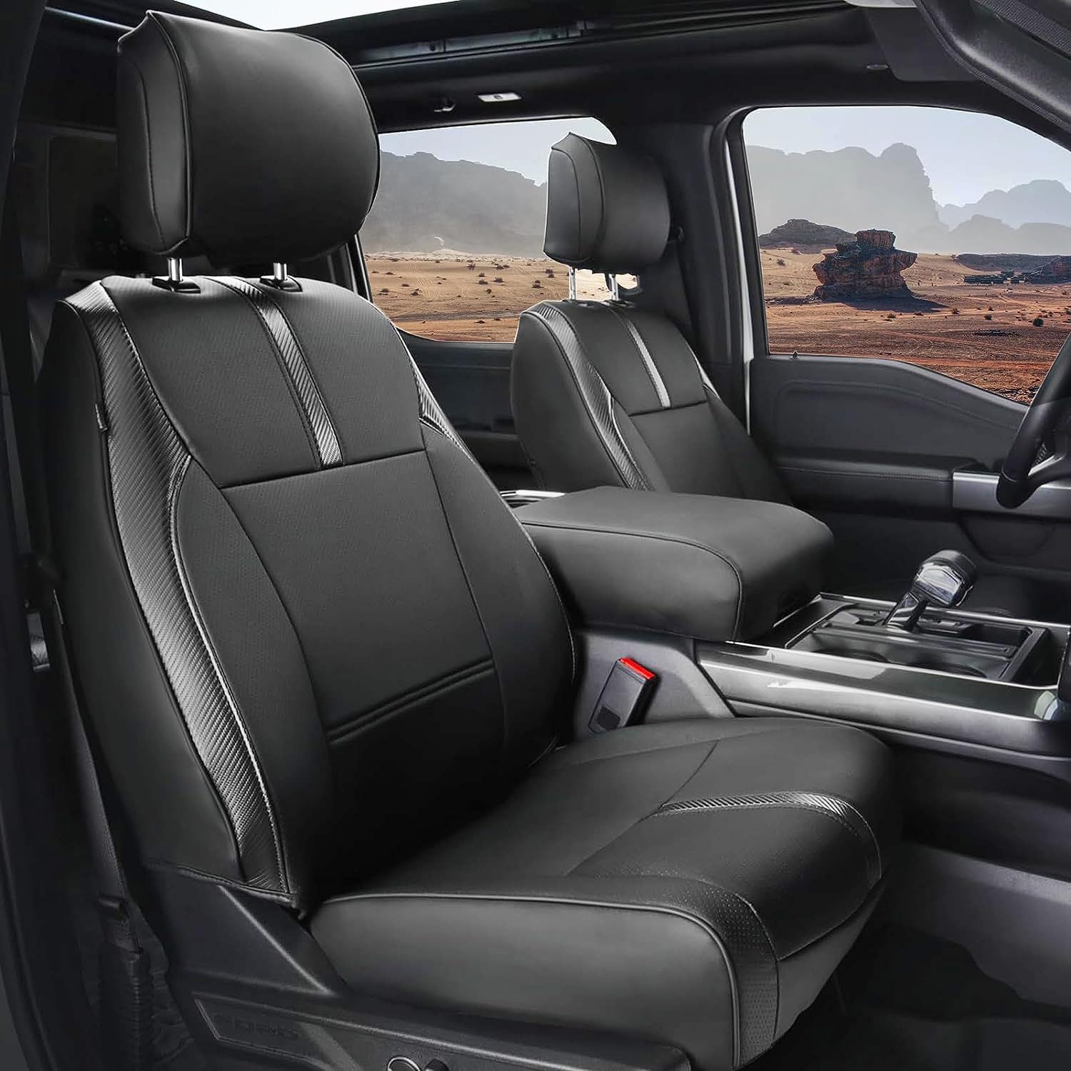 CoverCenter® for Ford F150 Seat Covers 2023 2022-2015, Custom-Fit Front Only Seat Cover for 2015-2023 F150 XL/XLT Carbon Fiber Leather Car Trucks Accessories (6PCS, Front Only) 4.Black with carbon fiber(Front only)