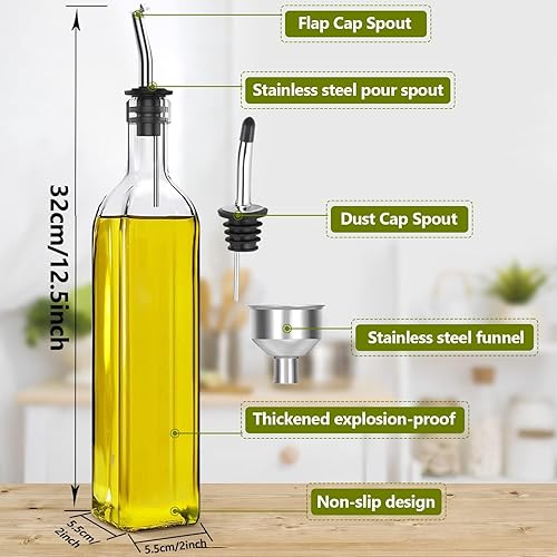 Miniatura 2 de Botella dispensadora de aceite de oliva, botella de aceite y vinagre de 17 onzas, recipiente cuadrado alto de aceite de vidrio con 2 vertedores de