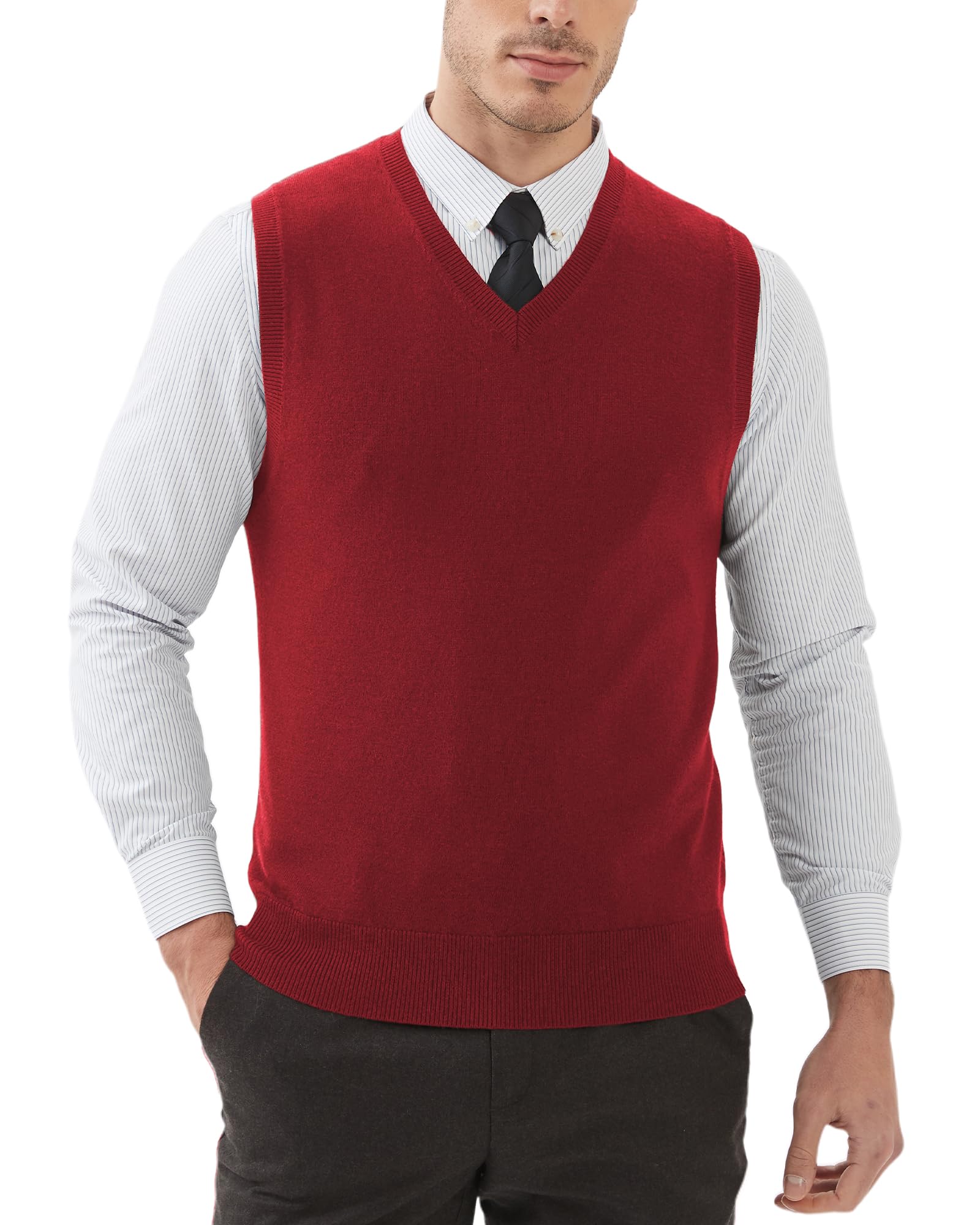 Kallspin Men's Wool Blended Vest Sweater Relaxed Fit V Neck Sleeveless Knitted Pullover