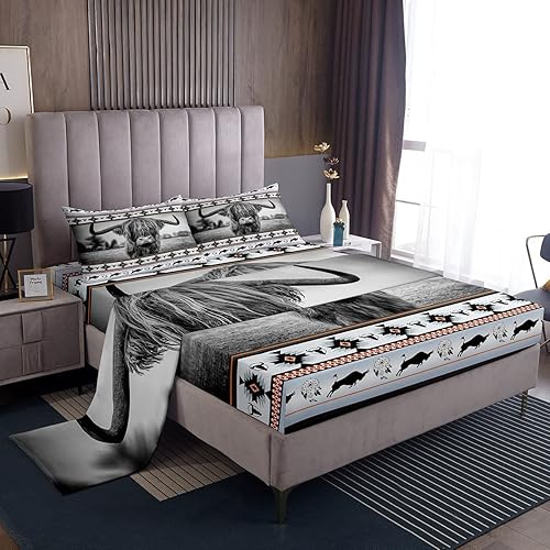 Juego de sábanas de vaca de las tierras altas de Longhorn Bull Southwestern Native Azteca sábana bajera de animales de granja exóticos estilo