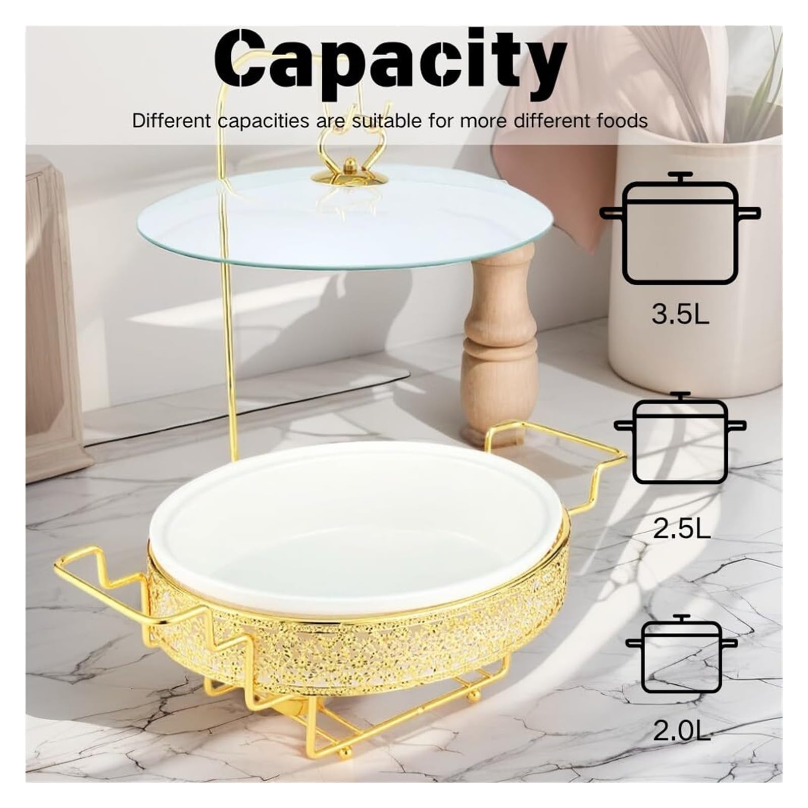 Scaldavivande in Ceramica Oro for Buffet | Rinforzo con Finitura Simil Marmo, Buffet Scaldavivande for Feste(3L)