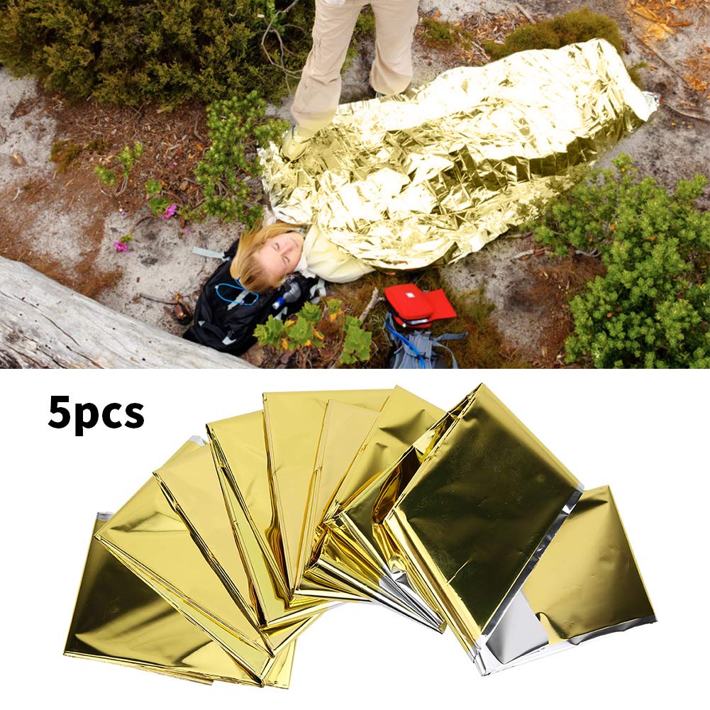 5 Pezzi Coperta di Sopravvivenza di Emergenza, Coperte Spaziali in Lamina Termica Coperta Riflettente Impermeabile per Esterni Sacco a Pelo di Emergenza per Campeggio/Escursionismo/Terremoto(oro)