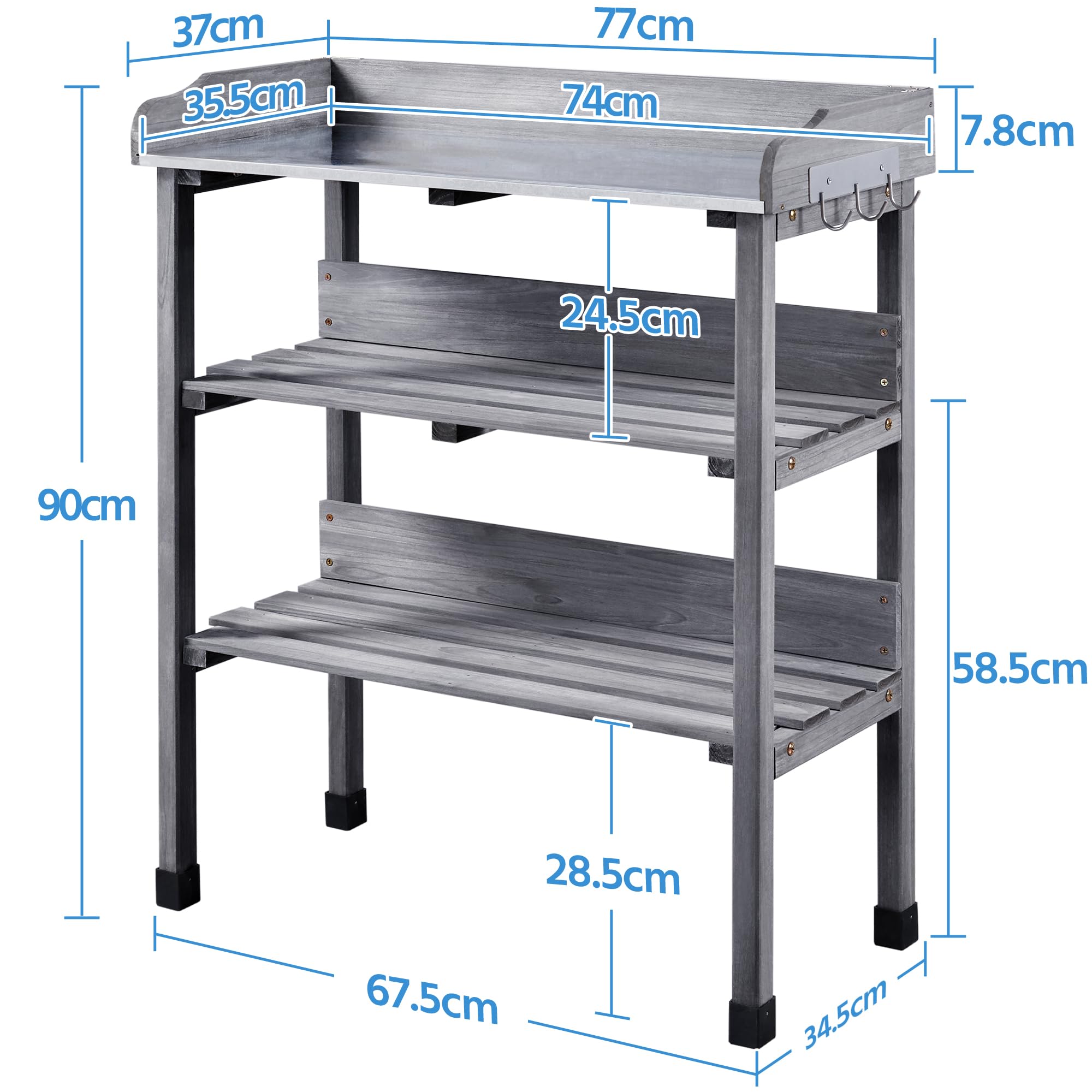 Yaheetech Tavolo da Giardino per Piante in Legno con Gancio Spazioso Banco da Lavoro con Piano in Metallo per Giardinaggio 77 x 37 x 90 cm Grigio