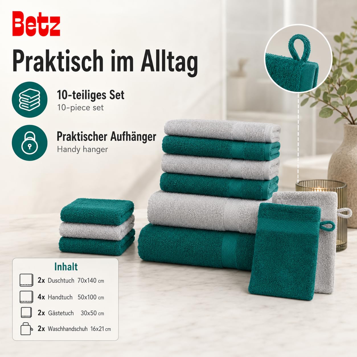 Betz 10-częściowy zestaw ręczników premium 100% bawełna 2 ręczniki kąpielowe 4 ręczniki do rąk 2 ręczniki dla gości 2 rękawice do mycia kolor szmaragd zielony i srebrny szary
