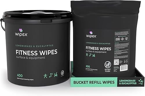Wipex Paquete de toallitas de limpieza para gimnasio: obtén 800 toallitas con (1) cubo de hierba de limón y eucalipto y (1) rollo de recambio, paño