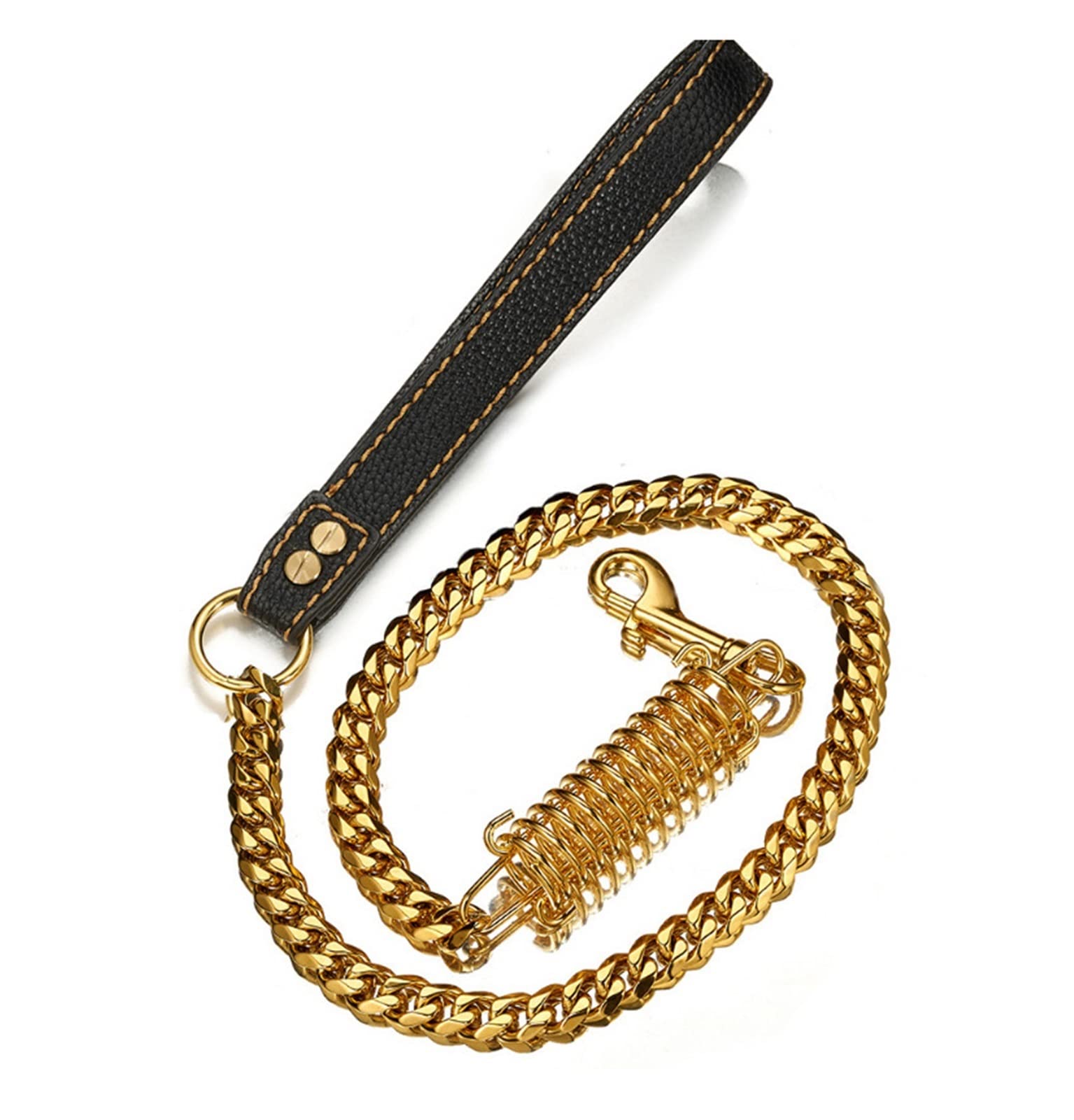 Cuello de Mascotas Fuerte Perro Grande Correa sin atasco damban Pitbull Bulldog Cuero Cuero Plomo Calidad Mascota Accesorios de Perro Correa Metal (Color : Gold Leash, Size : L Length 39inch)
