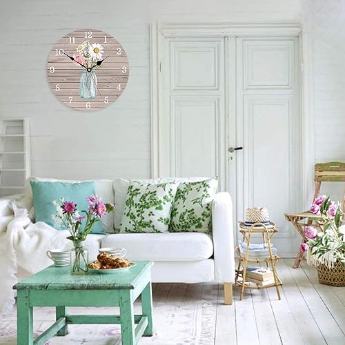 Miniatura 6 de Reloj de pared de cocina de 8 pulgadas, funciona con pilas, reloj de pared redondo vintage de madera, flores clásicas en botella de vidrio, patrón