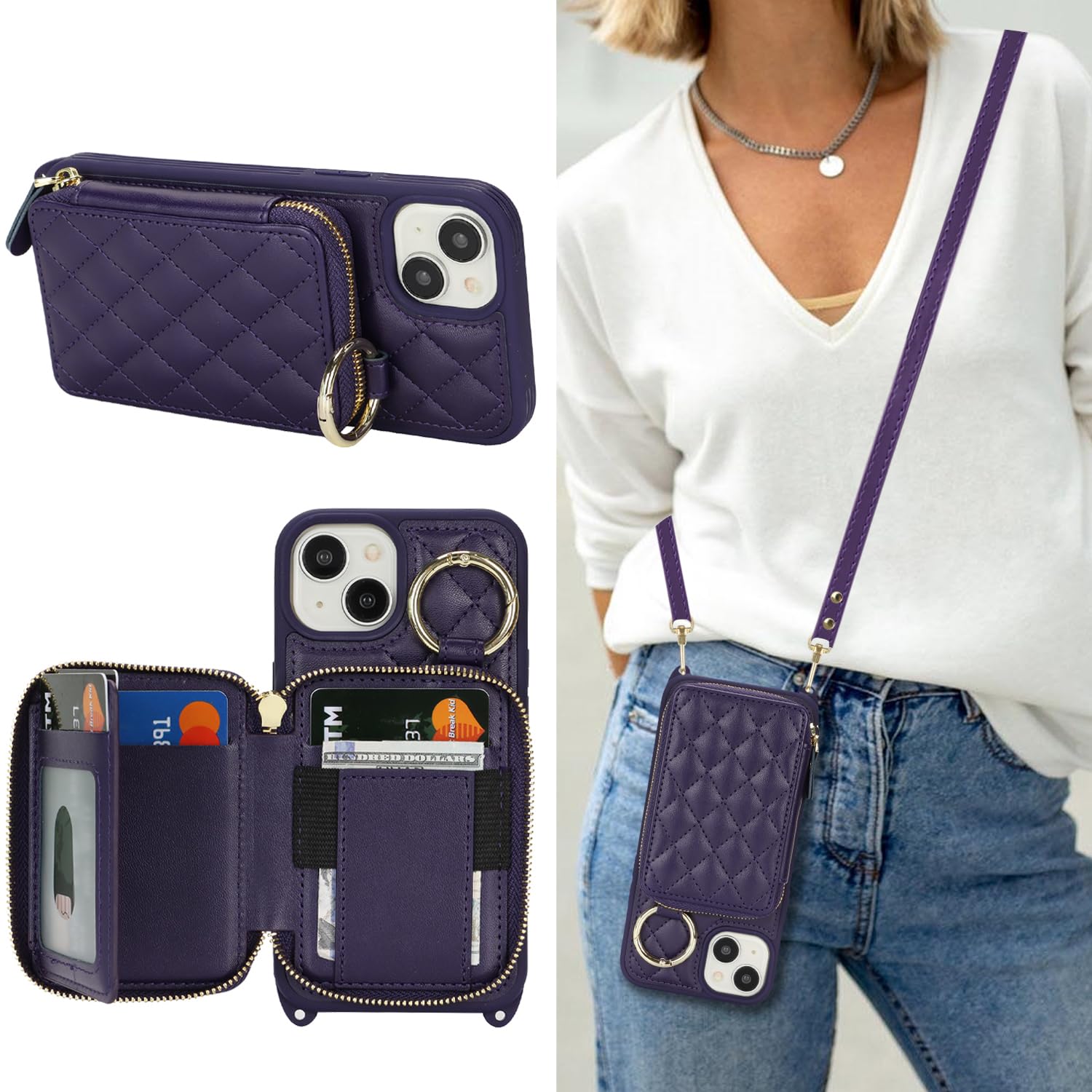 Crossbody Wallet Case for iPhone 13-Purple