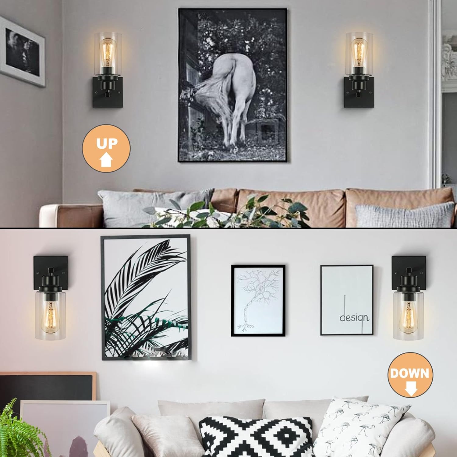 1-Lights Bathroom Vanity Light Fixture Black Wall Sconces Single Vanity Sconces with Metal Base and Glass for Over Mirror Cabinet Hallway