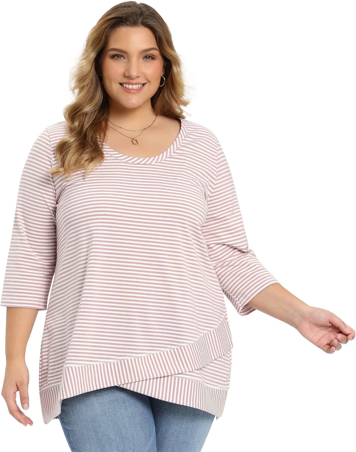 Plus Size Tops for Women 3/4 Sleeve Striped Loose Casual Tunic Top Scoop Neck Crossover High Low Hem Blouse