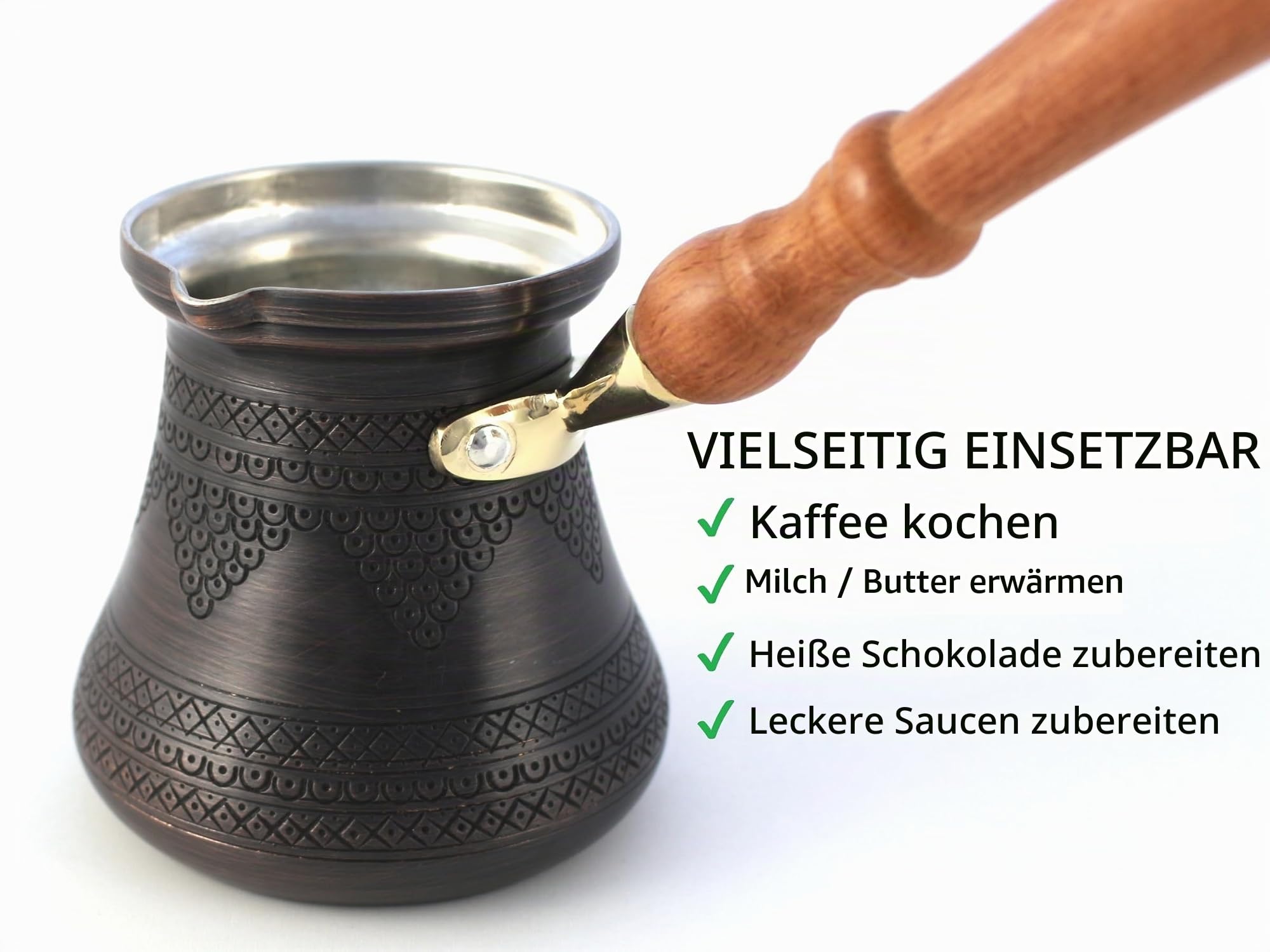 DEDE Copper,PCZ-Serie (groß, 3.5 ml) – dickstes massives Kupfer-Gravur/gehämmerte türkische, arabische Kaffeekanne mit Holzgriff, Herd-Kaffeemaschine Cezve Jezve Jazva Ibrik Briki (Antik)