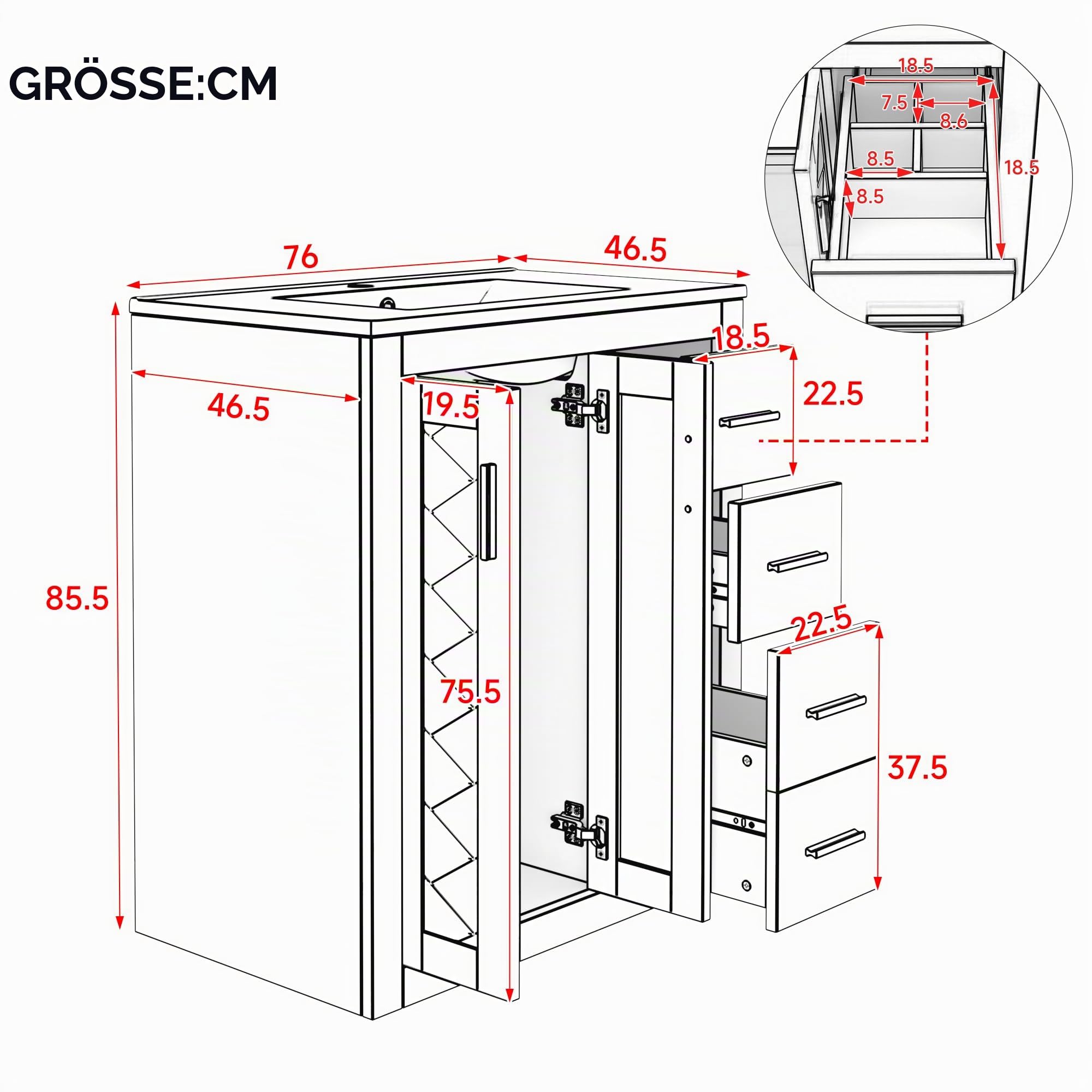 Merax Badezimmerschrank mit Waschbecken, komplett lackiert, DREI leise Schubladen + Doppeltüren, Soft-Close Scharniere für große Familien, Waschtisch, freistehend, Schwarz/76x46.5x85.5cm