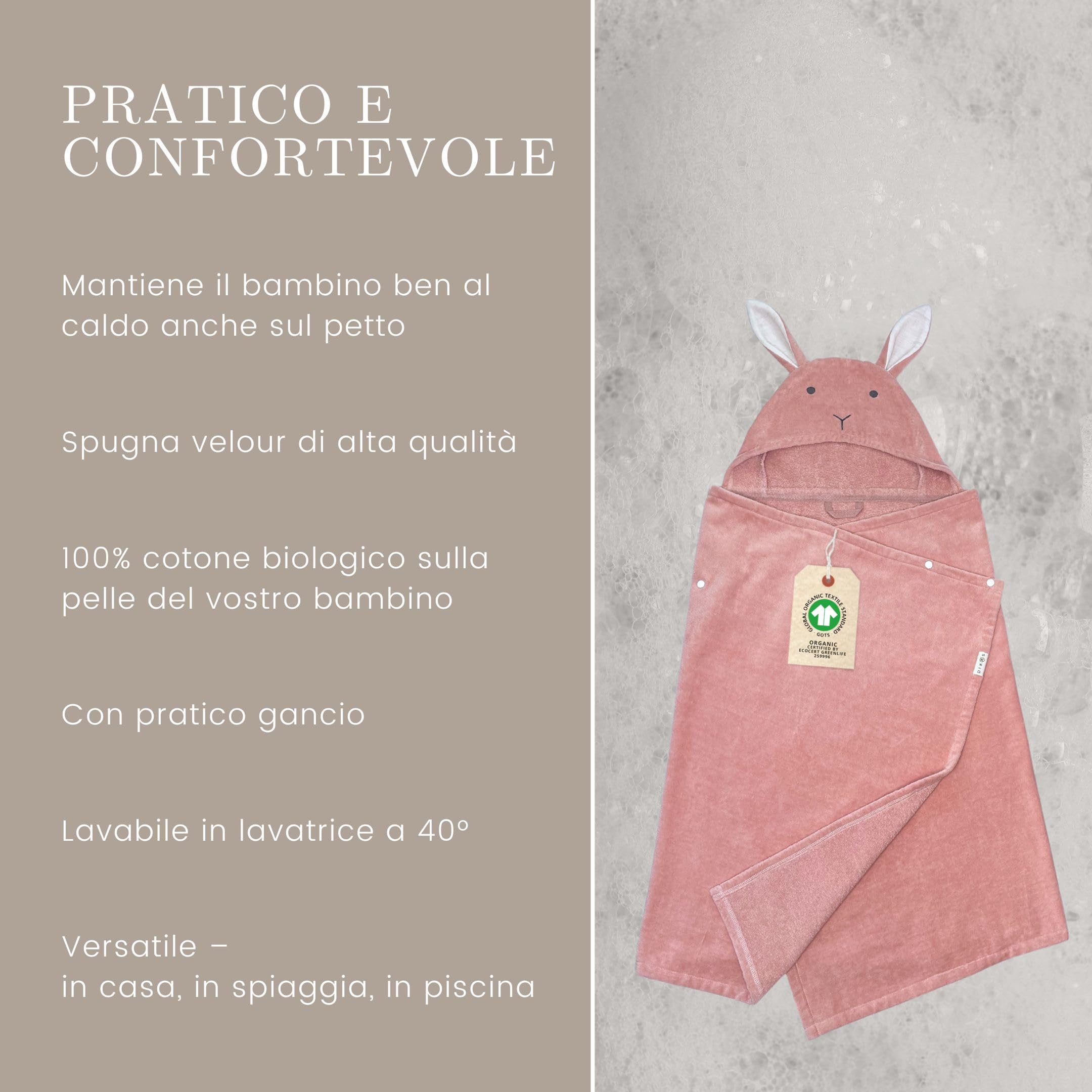 DIKOS® Poncho Bagno Bimbi Rosa Antico 70x140 cm | 2 in 1 Asciugamano Cappuccio Coniglio, Bottoni a Pressione, fino a Tg. 140 | 100% Cotone Bio Spugna/Velour, Morbido e Assorbente | Regalo Nascita