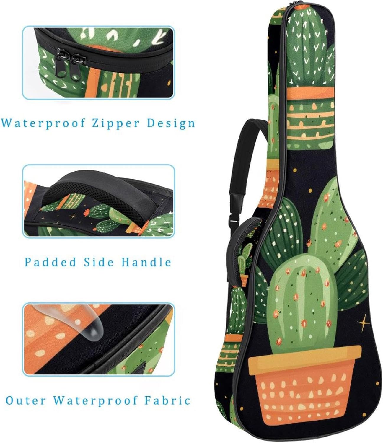 40 41 42 Inch Acoustic Guitar Bag, 0.4 In Thick Sponge Padded Guitar Case Gig Bag with Back Hanger Loop and 2 Pockets, Cute Green Cactus Seamless Botanical Pattern