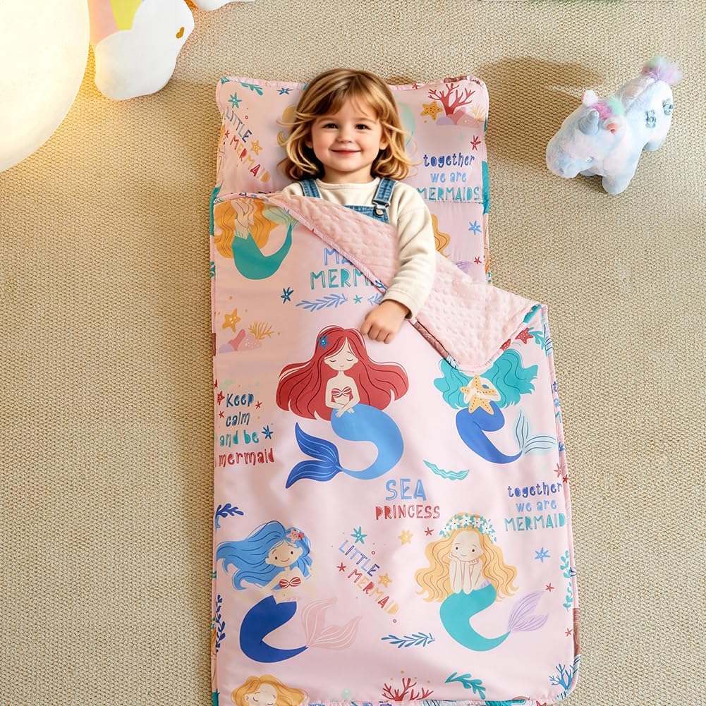 beeweed Toddler Nap Mat, Rollup Design Kid Sleeping Mat with Removable Pillow & Minky Blanket, Toddler Sleeping Bag for Daycare Preschool Travel Camping